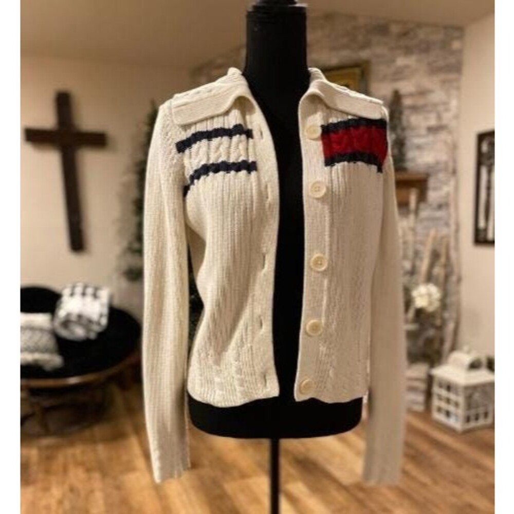 TOMMY HILFIGER Vintage 90s Red White Blue Button Up Sweater Cardigan Sz L/G